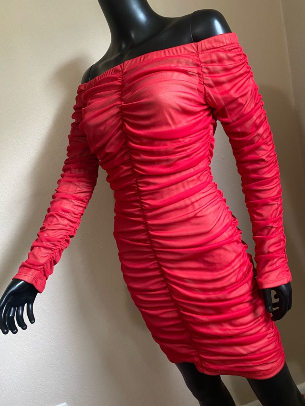 Va Va Voom Red Ruched Mesh Midi Dress - Picture 3 of 13